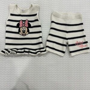 Disney Black & White Striped Minnie Knit Tank and Shorts Set with Pink Bow